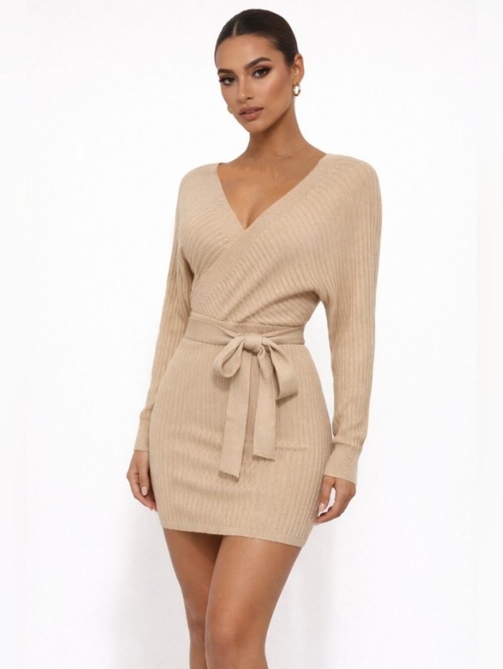 Windsor Beige Ribbed Wrap Mini Sweater Dress Dolman Sleeve XL